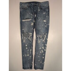 Mnml Jeans Mens 33 Blue Denim Skinny Distressed Paint Splatter Button Fly